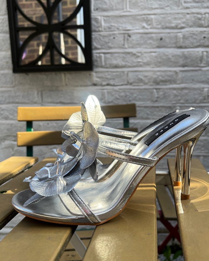 Chrome Double Strap Orchid Heels: Silver/Silver
