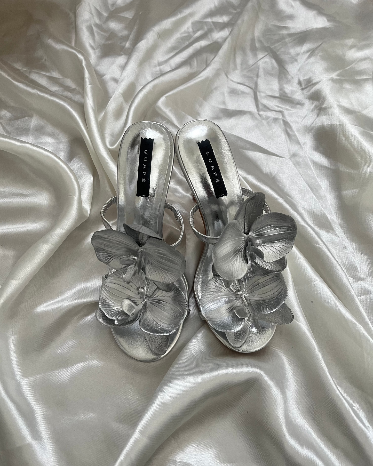 Chrome Double Strap Orchid Heels: Silver/Silver