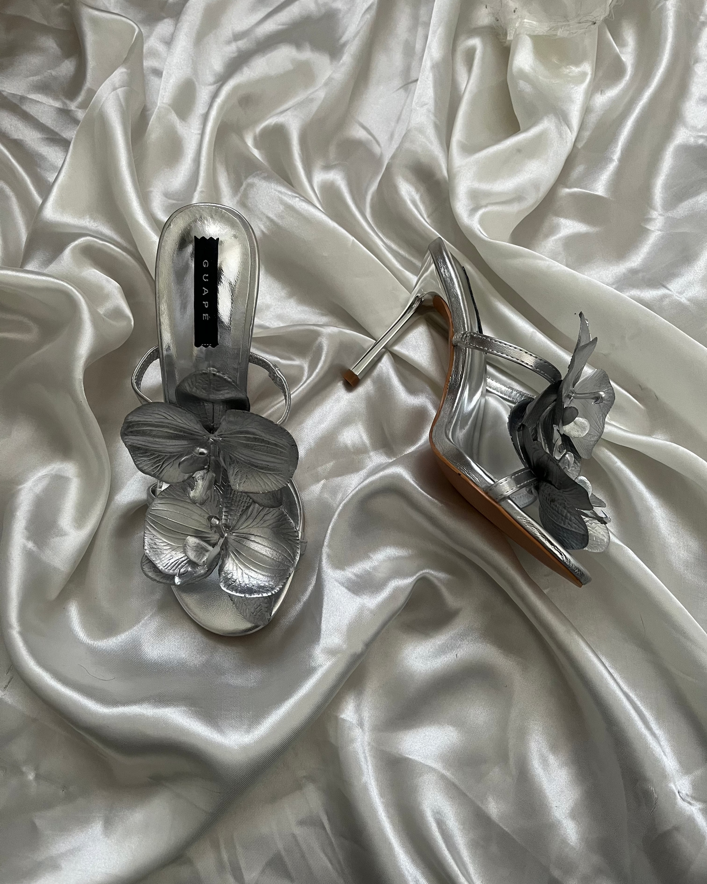Chrome Double Strap Orchid Heels: Silver/Silver