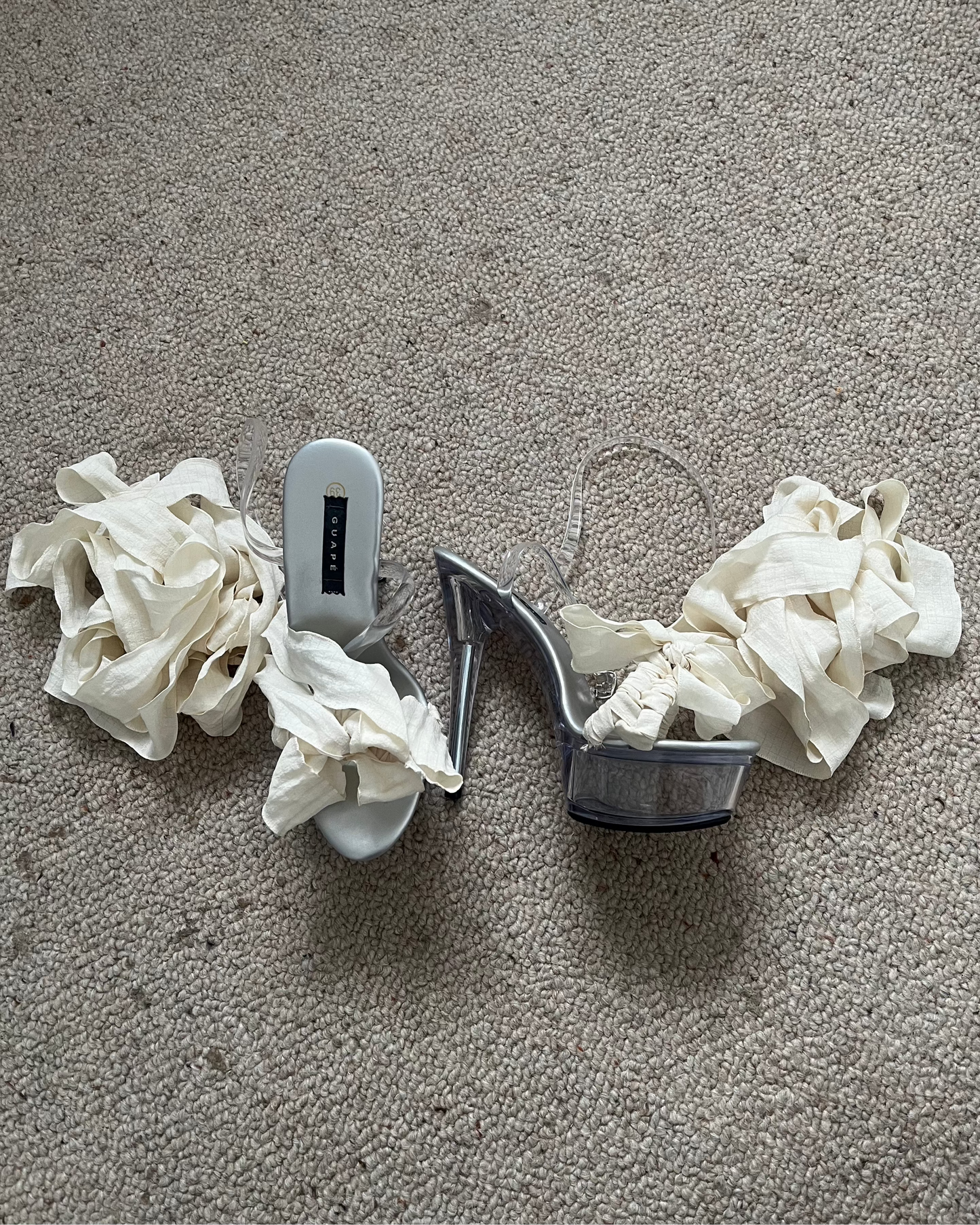 crystal Ribbon Platform Heels: Beige